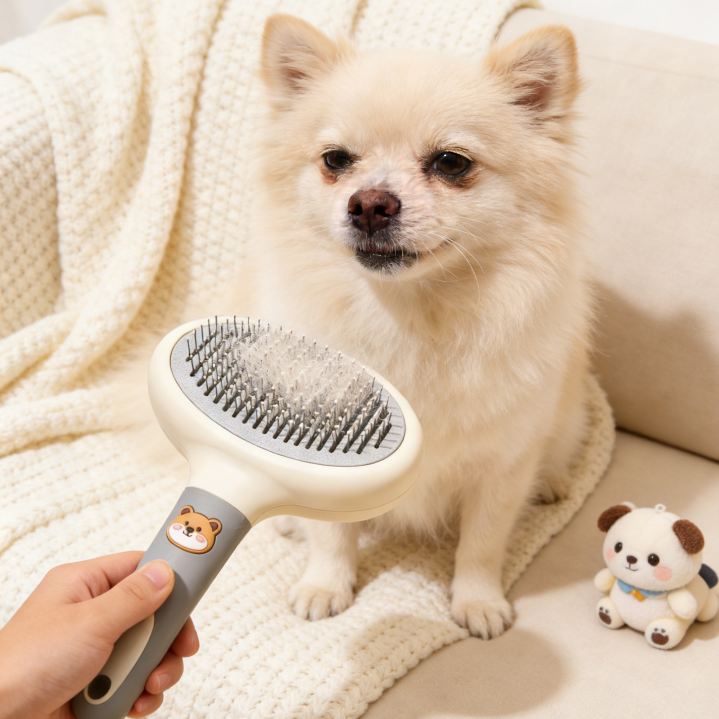 Cute Bear Self-Cleaning Pet Slicker Brush - Grey & Beige Grooming Tool for Dogs & Cats with Loose Hair Removal
