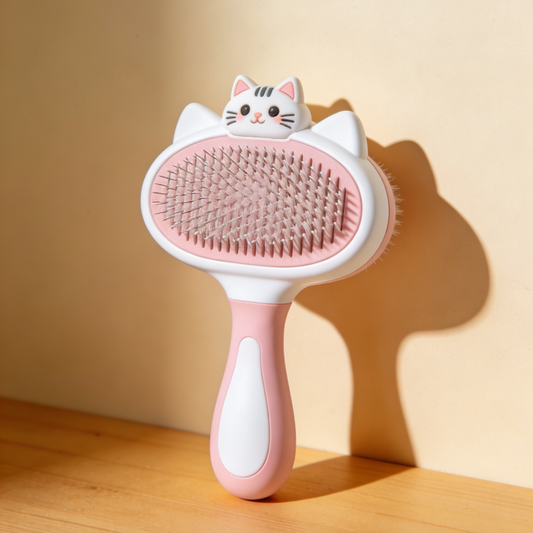 3D Cat Head Pet Slicker Brush - Pink & White Grooming Tool with Cute Cat Topper for Cats & Kittens