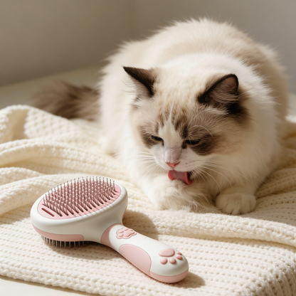 Paw Print Self-Cleaning Pet Slicker Brush - Pink & White Grooming Tool for Cats & Dogs with Deshedding Pins