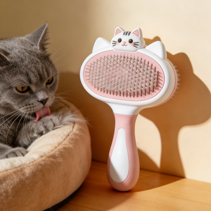 3D Cat Head Pet Slicker Brush - Pink & White Grooming Tool with Cute Cat Topper for Cats & Kittens