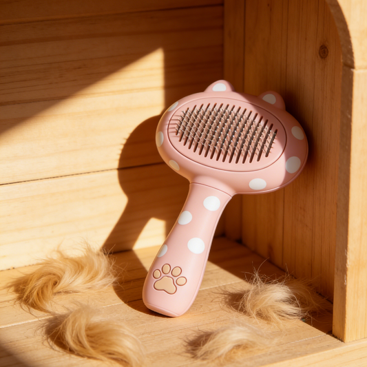 Polka Dot Cat Ear Pet Slicker Brush - Pink Self-Cleaning Grooming Tool for Cats with Paw Print Handle