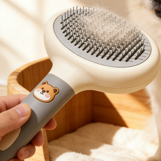 Cute Bear Self-Cleaning Pet Slicker Brush - Grey & Beige Grooming Tool for Dogs & Cats with Loose Hair Removal