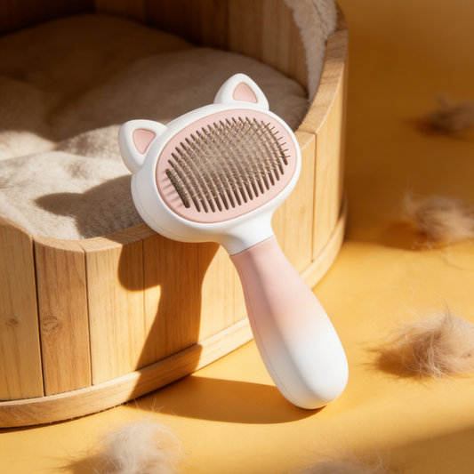 Gradient Cat Ear Pet Slicker Brush - Pink & White Ombre Grooming Tool for Cats with Self-Cleaning Pins
